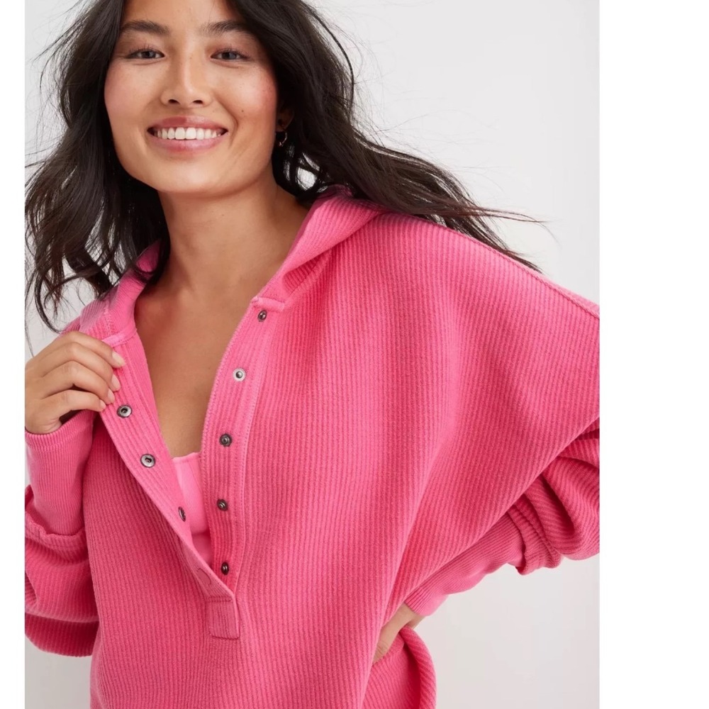 Aerie Hot Pink Waffle Knit Henley Hoodie Oversized size Small 100% Cotton